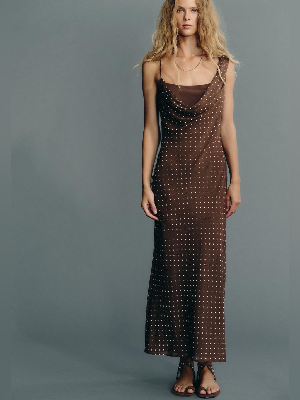 Zara Polka Dot Slip Dress Asymmetrical Draped Cowl Neckline Brown Ecru Small